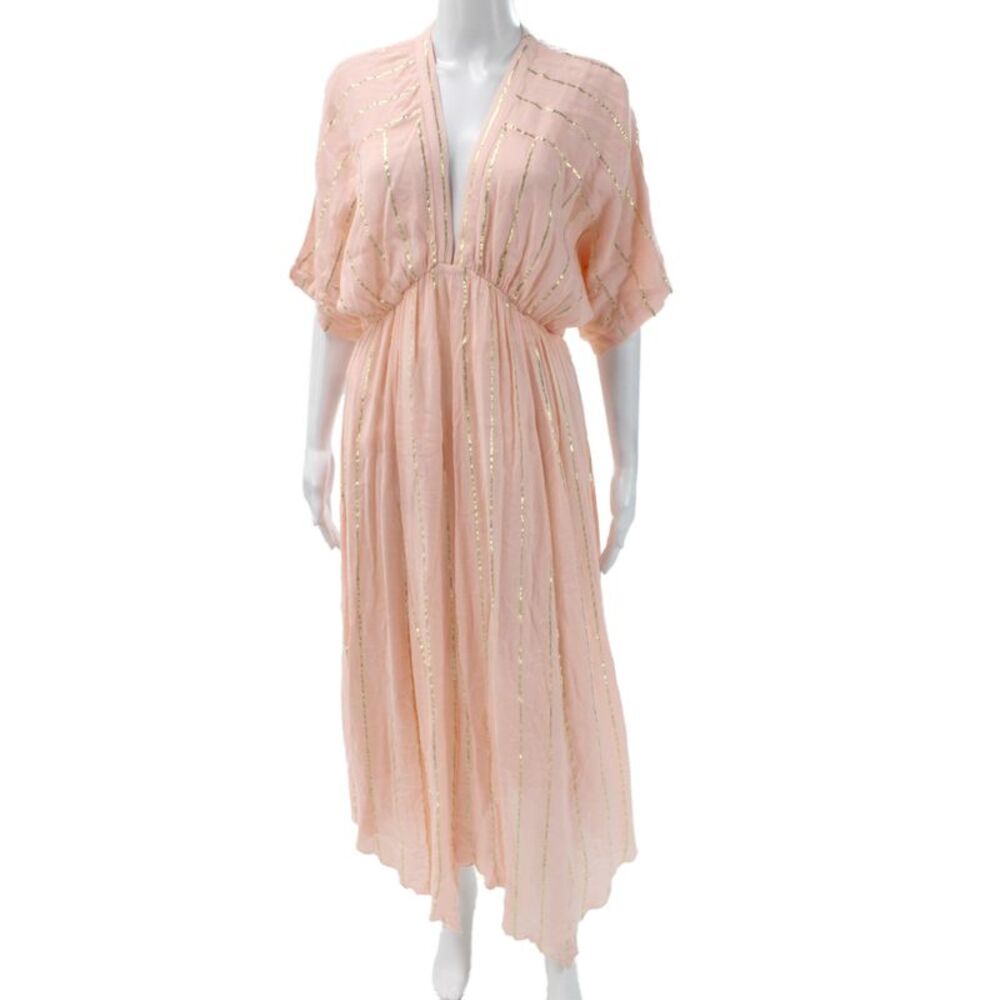 En Creme Womens Metallic Pink Striped V-Neck Maxi Dress Short Sleeve Size S